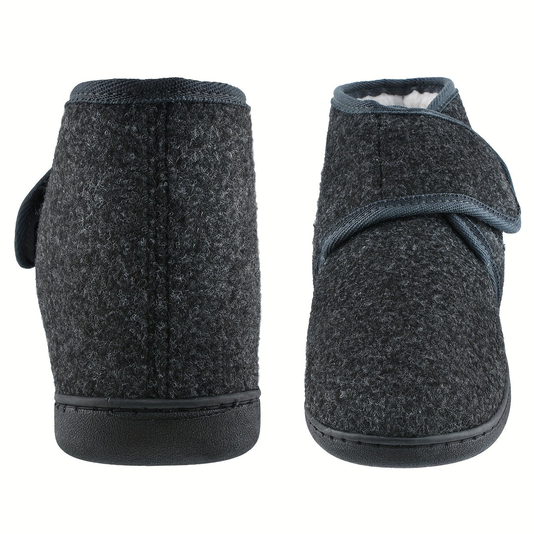 Gemakkelijke donkergrijze heren pantoffels met klittenband, perfecte comfortschoenen voor thuis.
