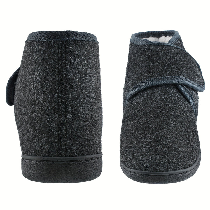 Gemakkelijke donkergrijze heren pantoffels met klittenband, perfecte comfortschoenen voor thuis.