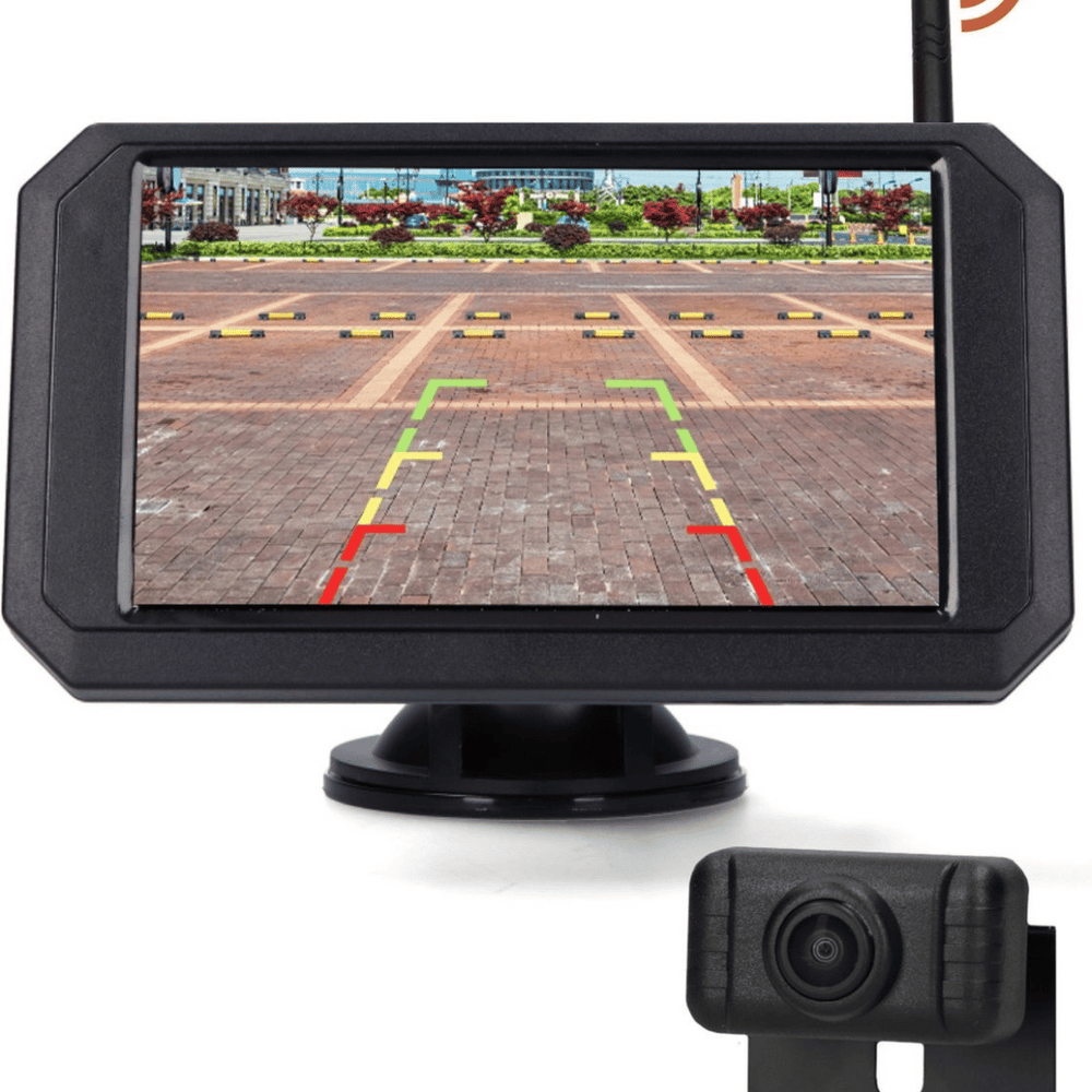"Draadloze achteruitrijcamera met 5 inch monitor, nachtzicht tot 20m, eenvoudig te installeren, voor auto en camper."