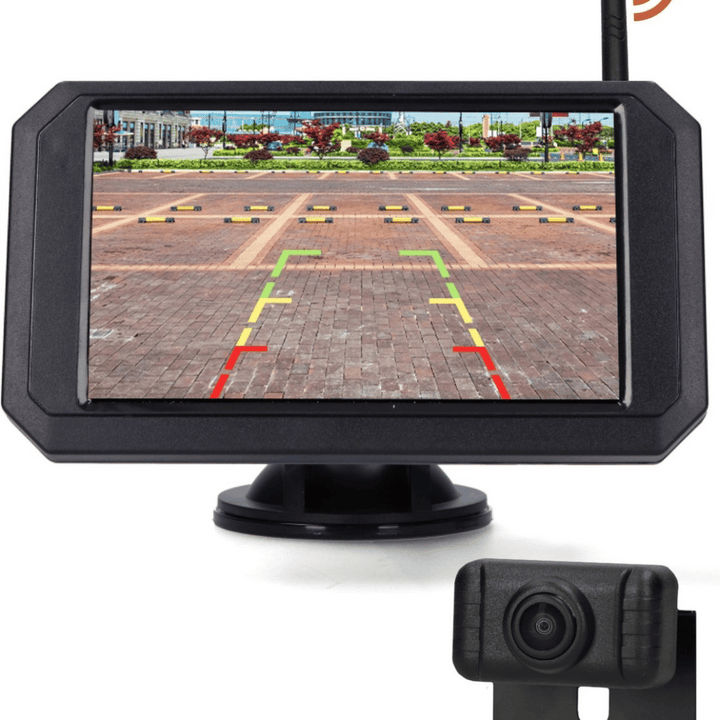 "Draadloze achteruitrijcamera met 5 inch monitor, nachtzicht tot 20m, eenvoudig te installeren, voor auto en camper."