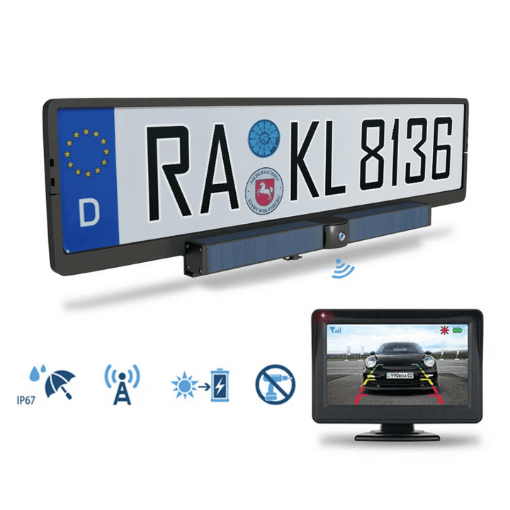 Draadloze HD achteruitrijcamera op zonne-energie voor veilig parkeren; IP67 waterdicht met nachtzicht.