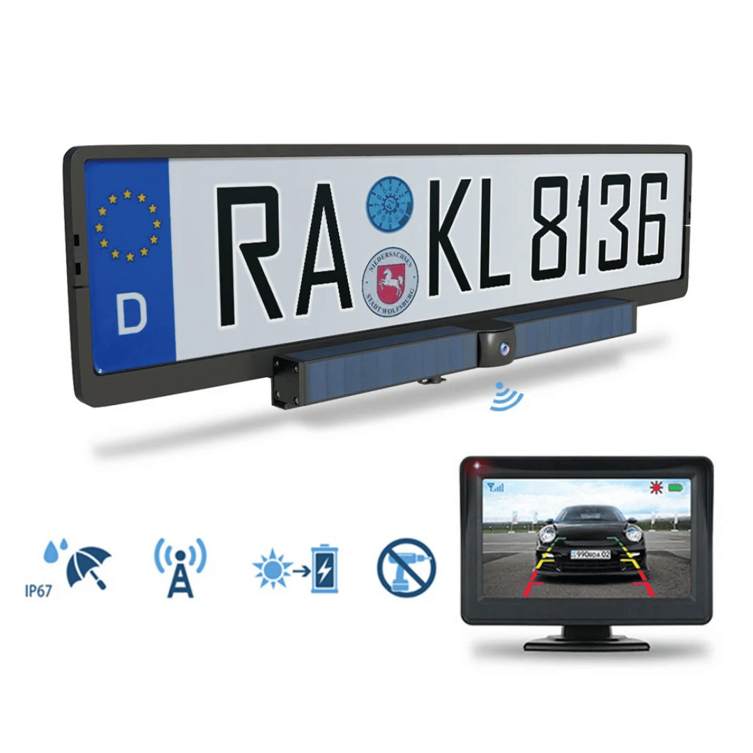 Eenvoudig te installeren draadloze achteruitrijcamera met zonnepaneel voor auto's en caravans; verhoogt rijveiligheid.