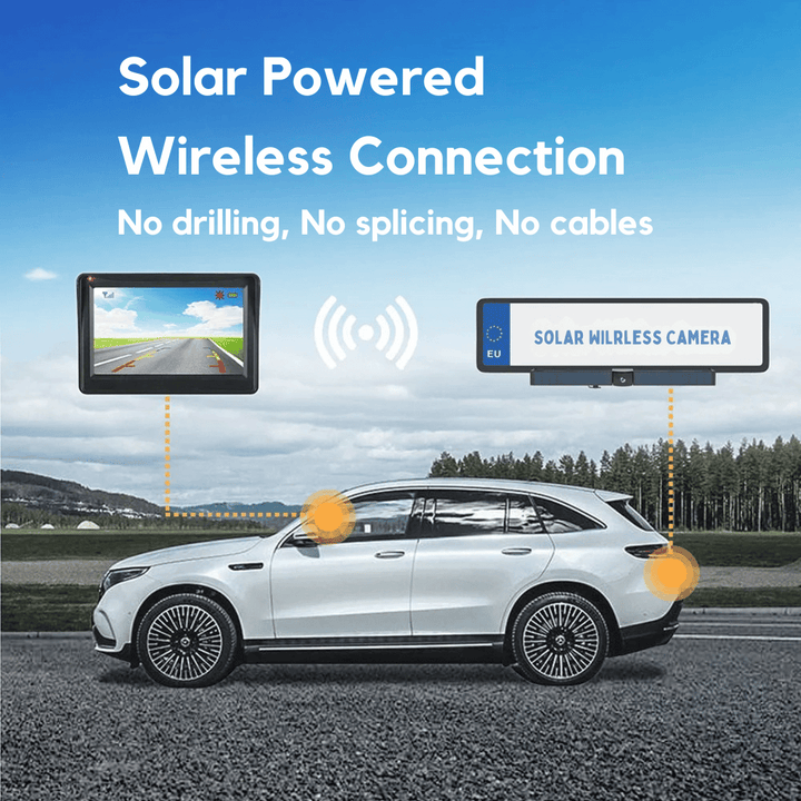 Robuuste draadloze achteruitrijcamera op zonne-energie, perfect voor veilige parkeerhulp bij caravans en grote voertuigen.