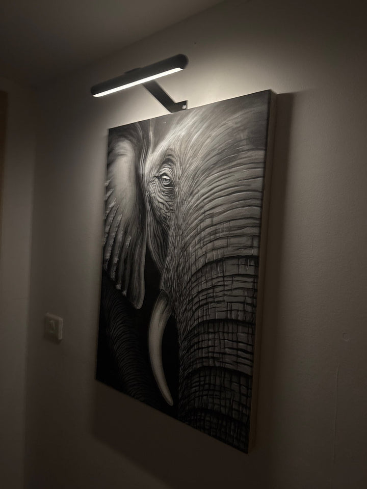 Close-up van de dimbare LED lampen van de draadloze schilderijverlichting voor optimale kunstverlichting.
