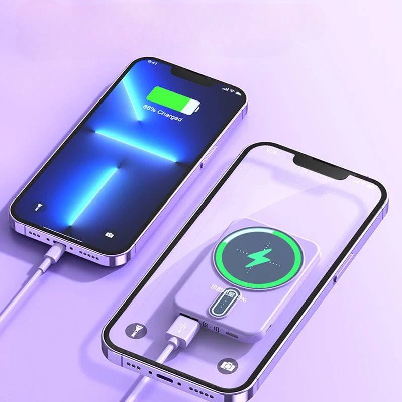 "Draadloze magnetische powerbank 30000mAh, groen en paars, compatibel met iPhone 15, ideaal voor intensieve gebruikers."