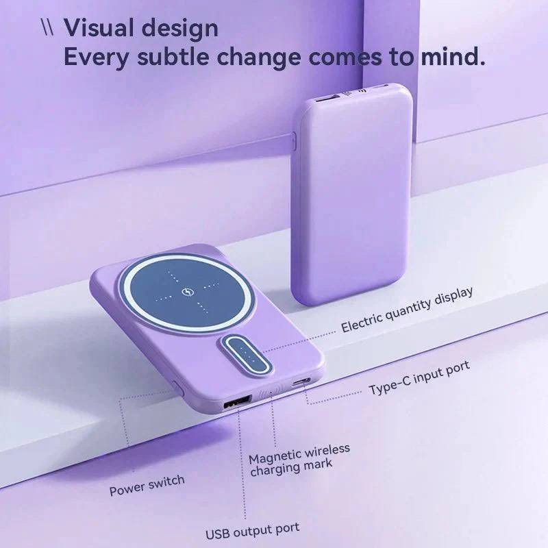 "Draadloze magnetische powerbank 30000mAh, groen en paars, compatibel met iPhone 15, ideaal voor intensieve gebruikers."