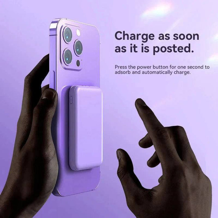 "Draadloze magnetische powerbank 30000mAh, groen en paars, compatibel met iPhone 15, ideaal voor intensieve gebruikers."
