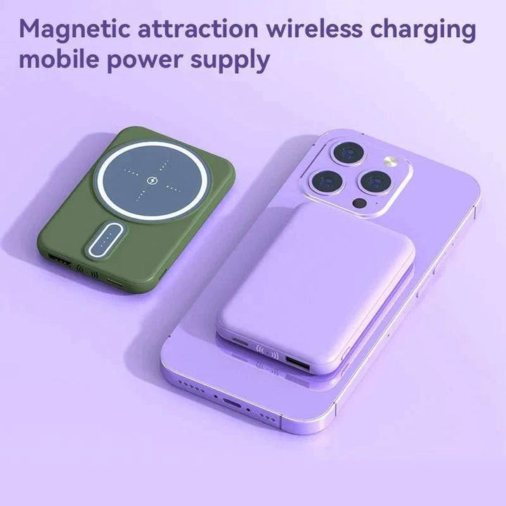 "Draadloze magnetische powerbank 30000mAh, groen en paars, compatibel met iPhone 15, ideaal voor intensieve gebruikers."