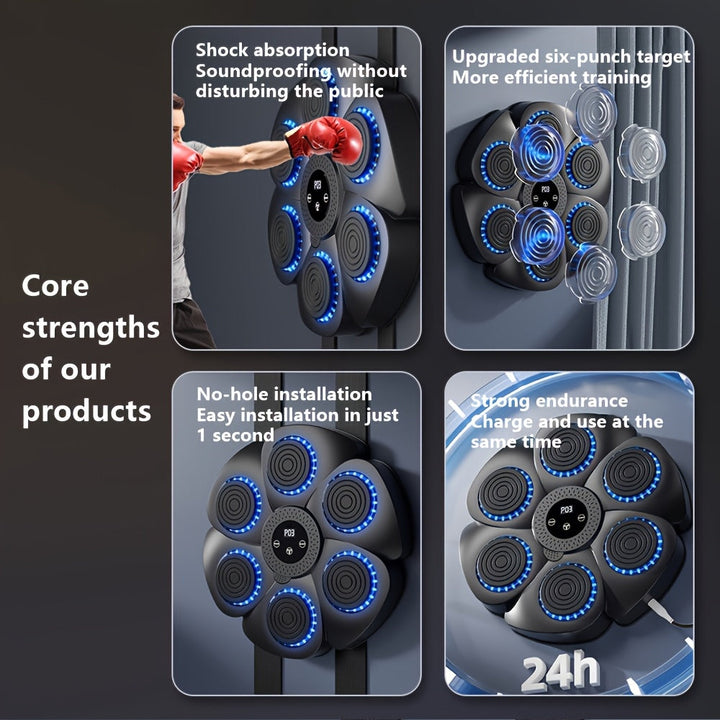 Interactieve boksmachine Smart PunchBox met draadloze muziekfunctie en USB-oplaadmogelijkheid, compact en stijlvol design voor dynamische training.
