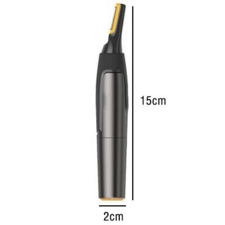 "Draadloze trimmer, compact ontwerp met roestvrijstalen messen, voor veilig scheren van gezichts- en oorhaar."