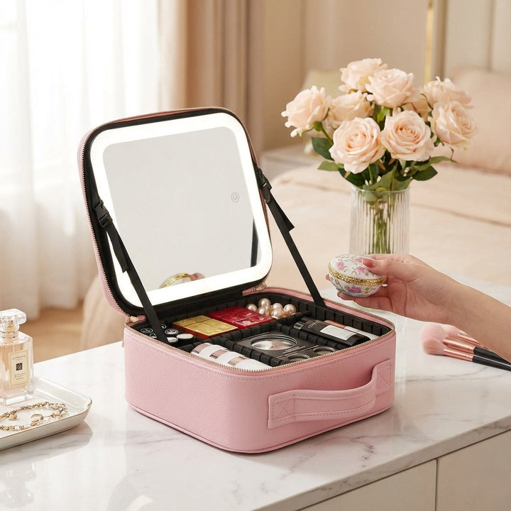 Draagbaar make-up station met dimbare LED spiegel en opbergruimte, ideaal voor reizen.