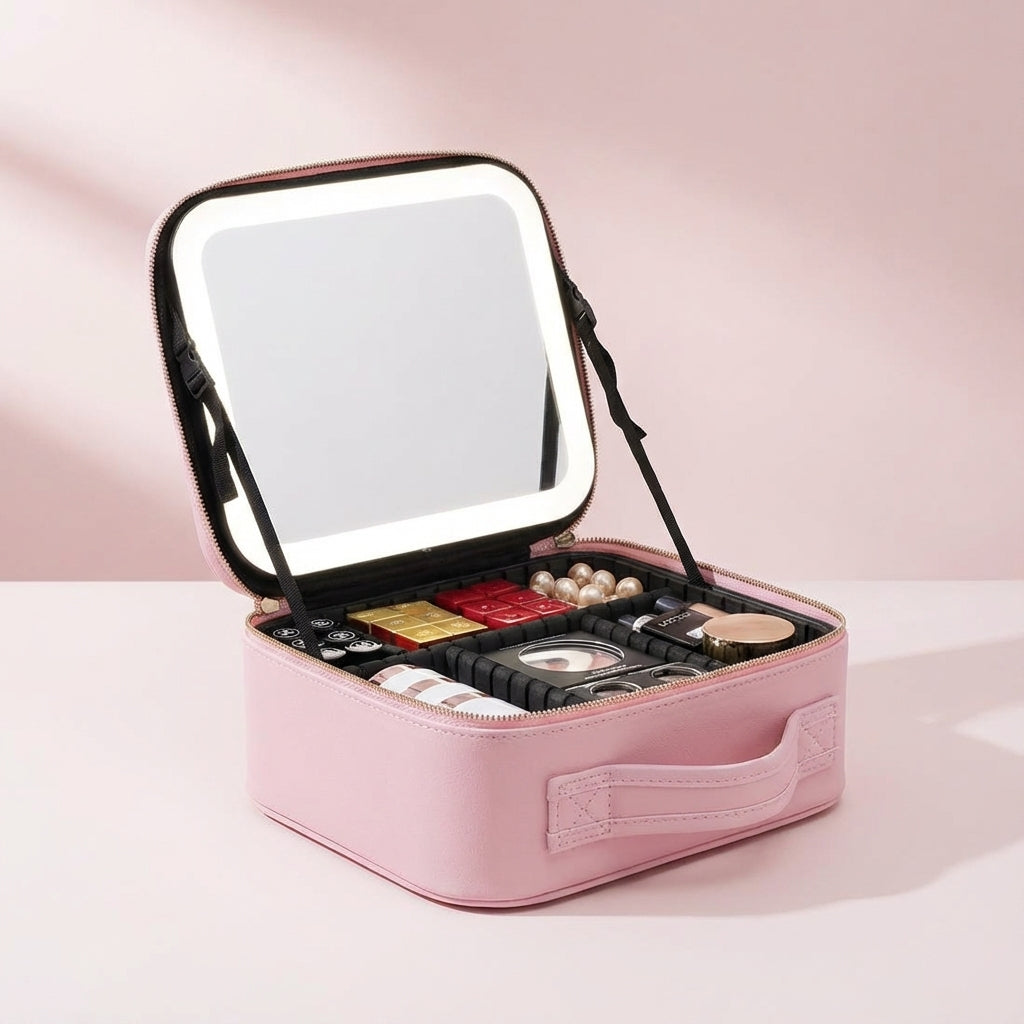 Compact draagbaar make-up station van Brightique met heldere LED spiegel en handige vakken voor beauty.