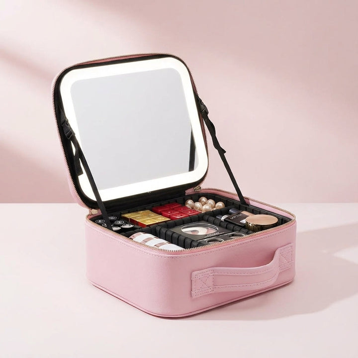 Compact draagbaar make-up station van Brightique met heldere LED spiegel en handige vakken voor beauty.