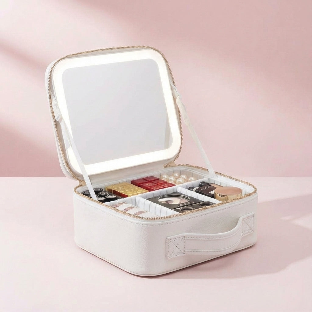 Professioneel make-up station met dimbare LED spiegel en diverse compartimenten voor al je beautybenodigdheden.