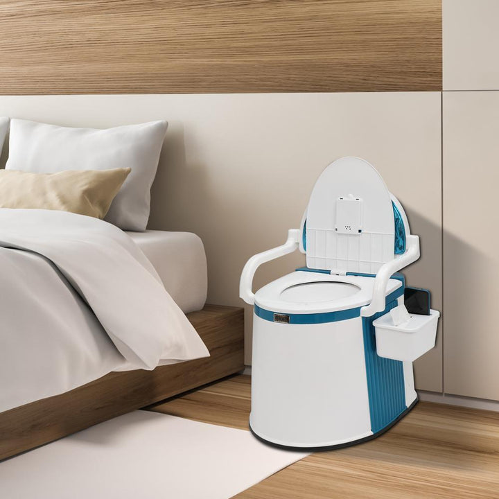 Veelzijdig draagbaar toilet (19L) voor binnen, buiten, noodsituaties of als commode. Biedt comfort en privacy.