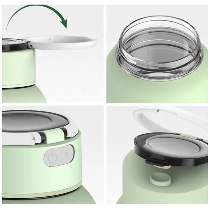 "Draagbare 2-in-1 blender en sapcentrifuge, stijlvol wit, met roestvrijstalen messen en draadloze oplaadfunctionaliteit."