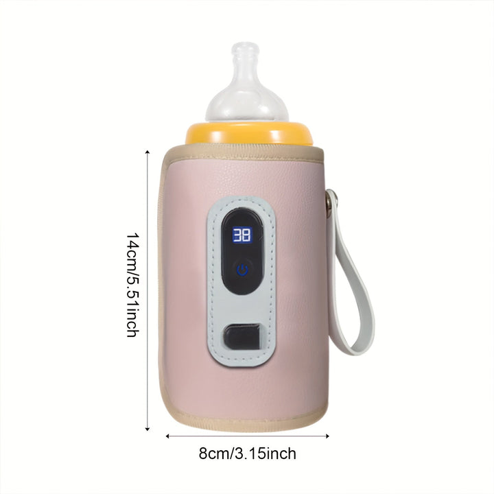 "Draagbare babyflesverwarmer, USB-aangedreven, compact ontwerp, vijf temperatuurinstellingen, ideaal voor onderweg."