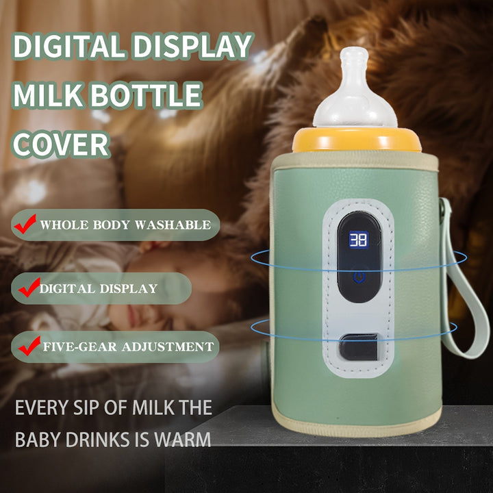 "Draagbare babyflesverwarmer, USB-aangedreven, compact ontwerp, vijf temperatuurinstellingen, ideaal voor onderweg."