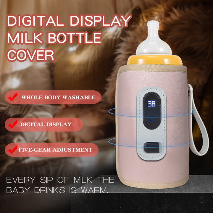 "Draagbare babyflesverwarmer, USB-aangedreven, compact ontwerp, vijf temperatuurinstellingen, ideaal voor onderweg."