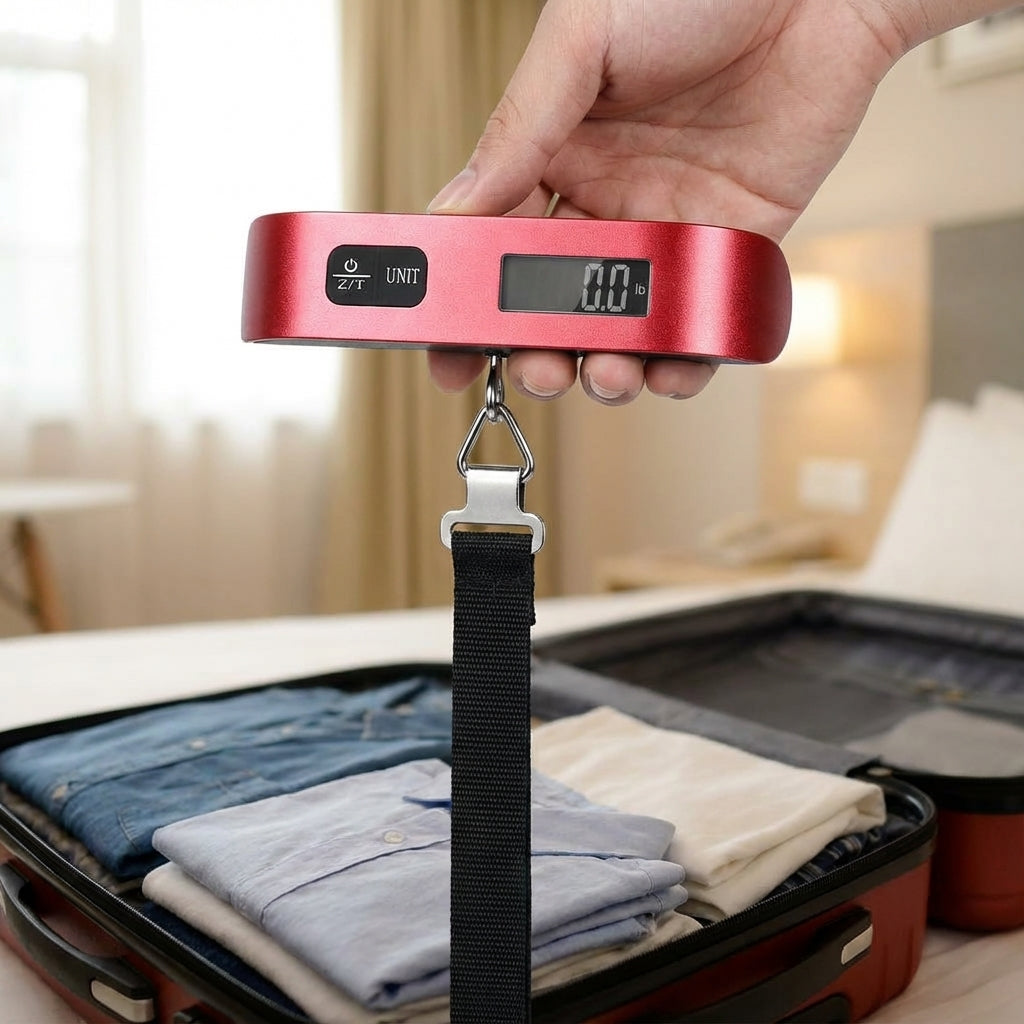 Draagbare digitale bagageweegschaal TravelWeigh voor nauwkeurige koffer metingen tijdens reizen en vakantie.