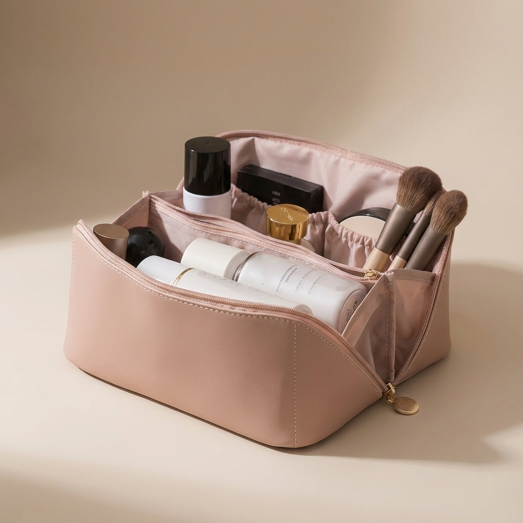 Compacte make-up organizer tas van kunstleer, houdt alle beautyproducten netjes en binnen handbereik.