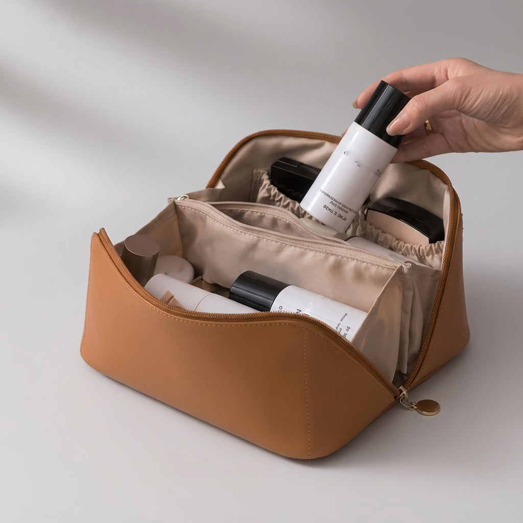 Stijlvolle TidyBloom beauty organizer die cosmetica opbergt, ideaal voor thuis en als compacte reistas.
