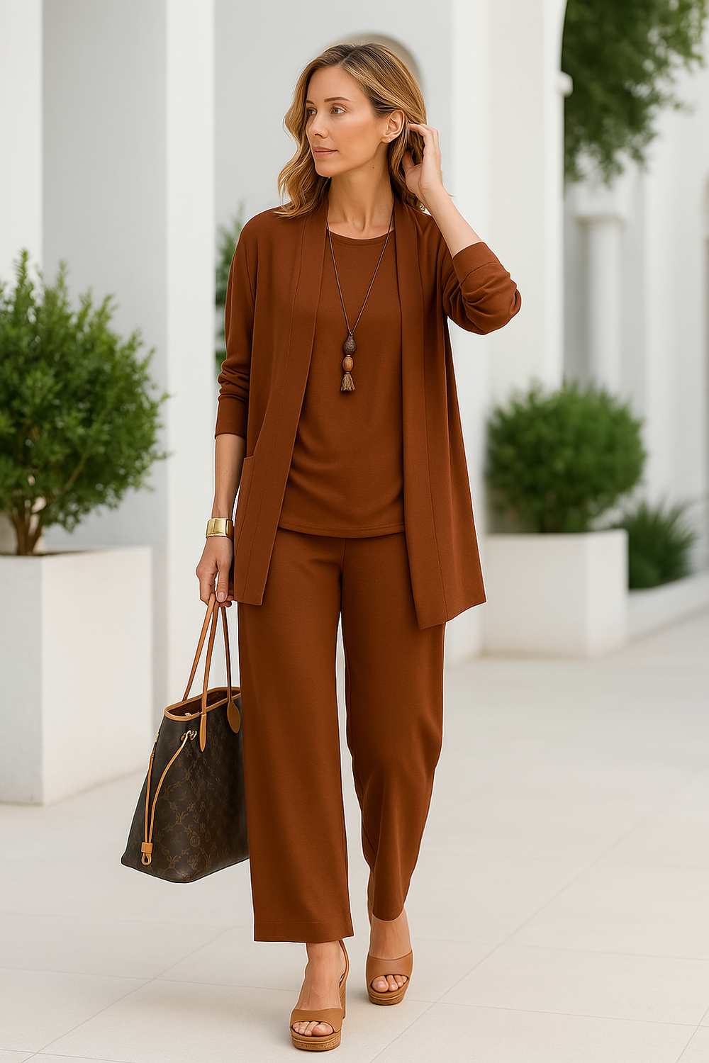 Dames driesterren outfit in grijs: chique vest, bijpassend topje en lange broek voor comfort en stijl.