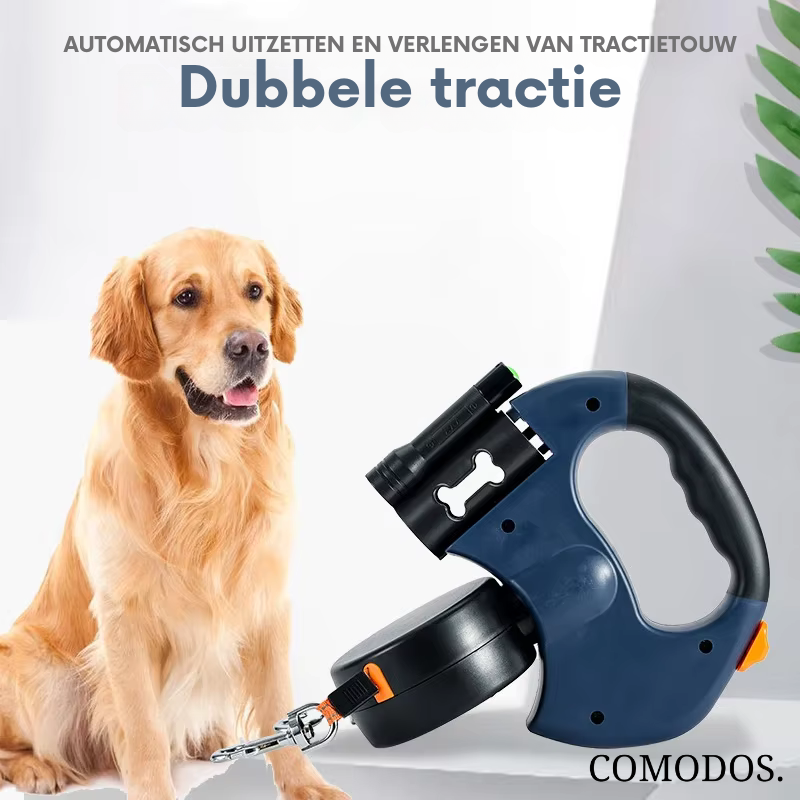 Hondenaccessoire: dubbele hondenriem voor zorgeloos wandelen met twee trouwe viervoeters.