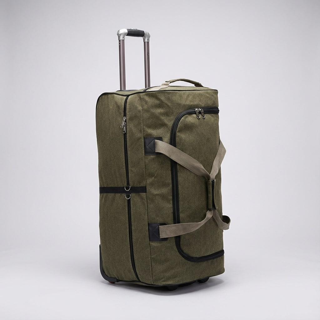 Robuuste trolley reistas met stevige wielen, perfect voor moeiteloos vervoer van al je bagage.