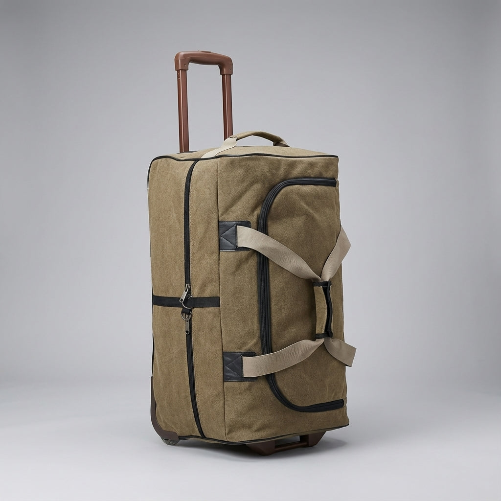 Overzicht van de ruime, heavy-duty reistas met wielen, perfect voor al je reisbehoeften en vakantieavonturen.