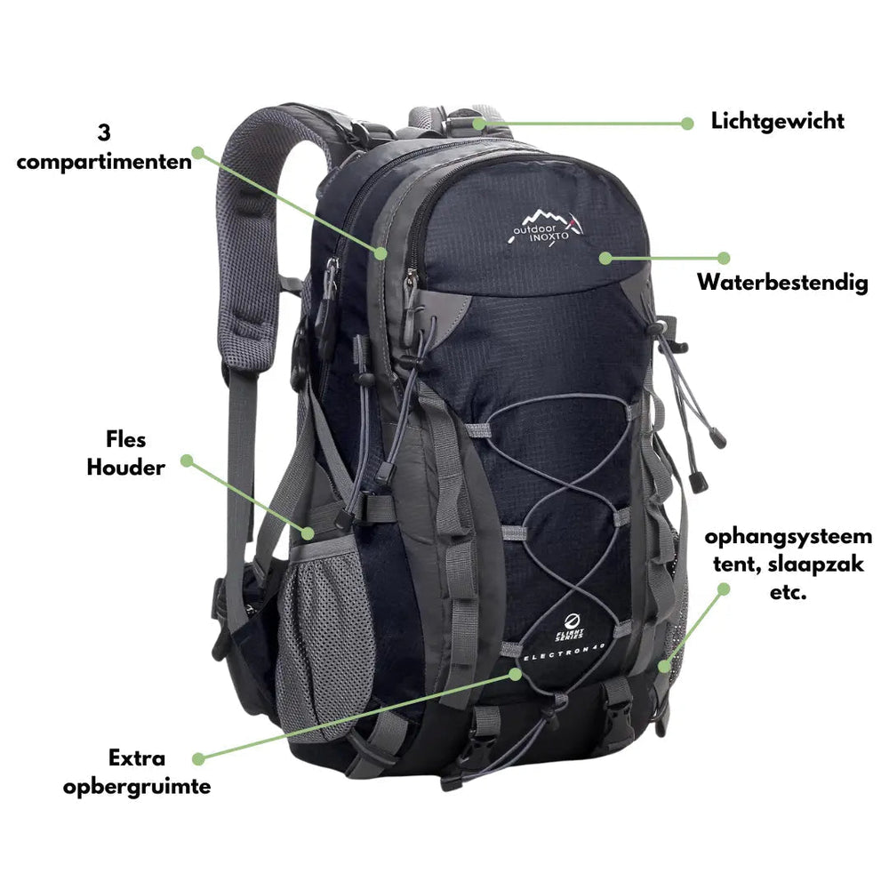 Close-up van het robuuste, waterbestendige materiaal van de ExplorerMax outdoor rugzak voor lange trektochten.