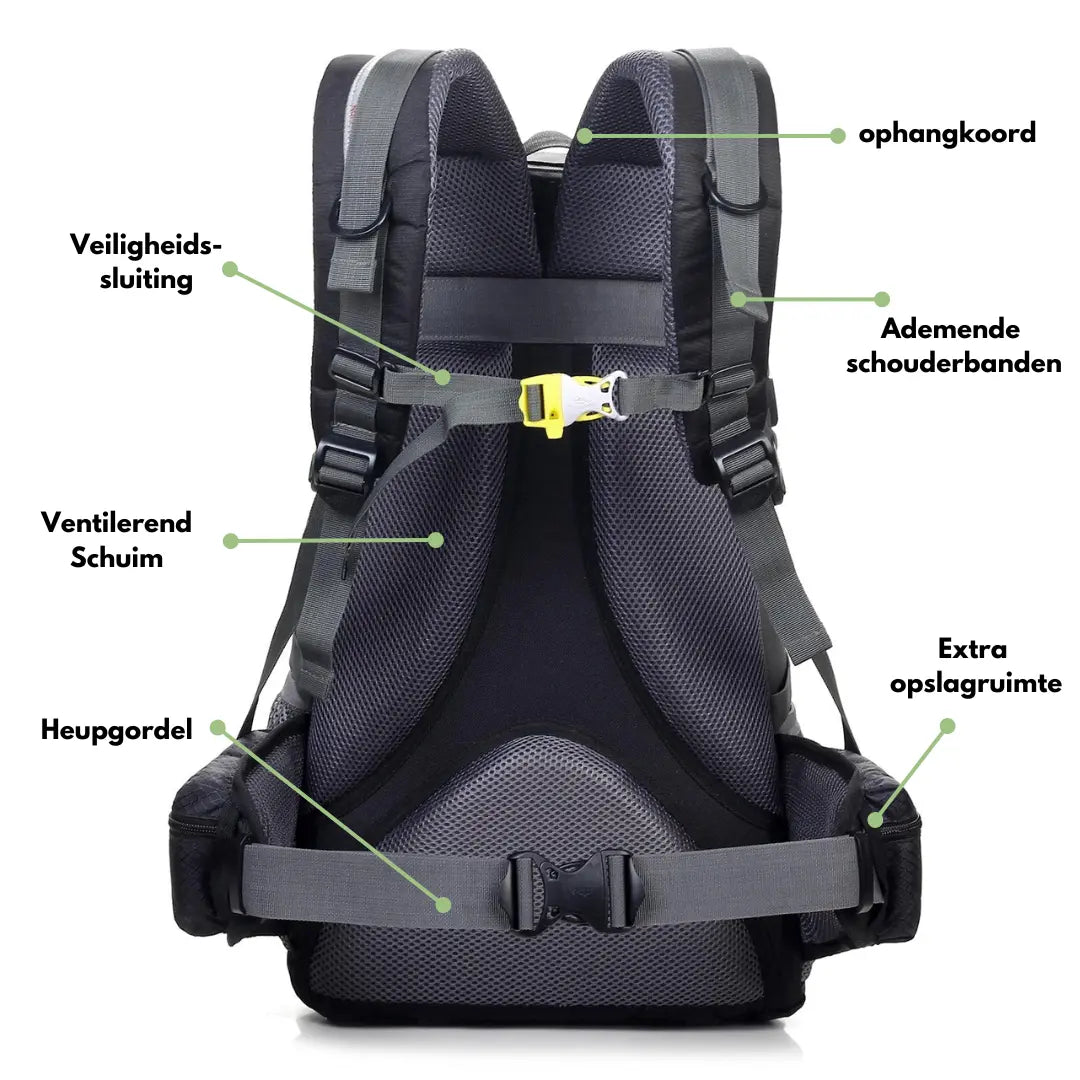 Ergonomische schouderbanden en heupgordel van de lichtgewicht ExplorerMax wandelrugzak, voor comfortabel dragen.
