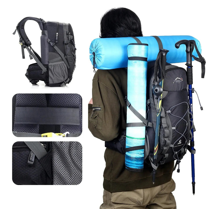 Detail van de stevige ritsen en multifunctionele vakken van de ExplorerMax wandelrugzak, voor georganiseerd pakken.