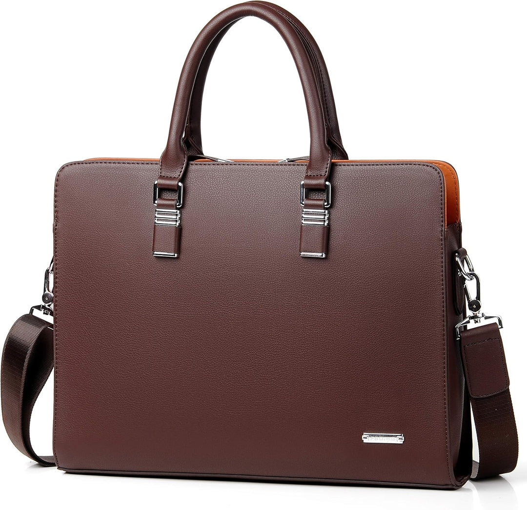 Klassieke leren zakelijke tas met afneembare schouderriem, voor laptop en georganiseerde inhoud.