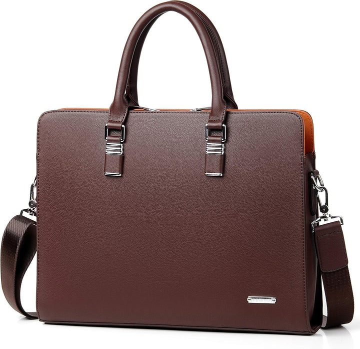 Klassieke leren zakelijke tas met afneembare schouderriem, voor laptop en georganiseerde inhoud.