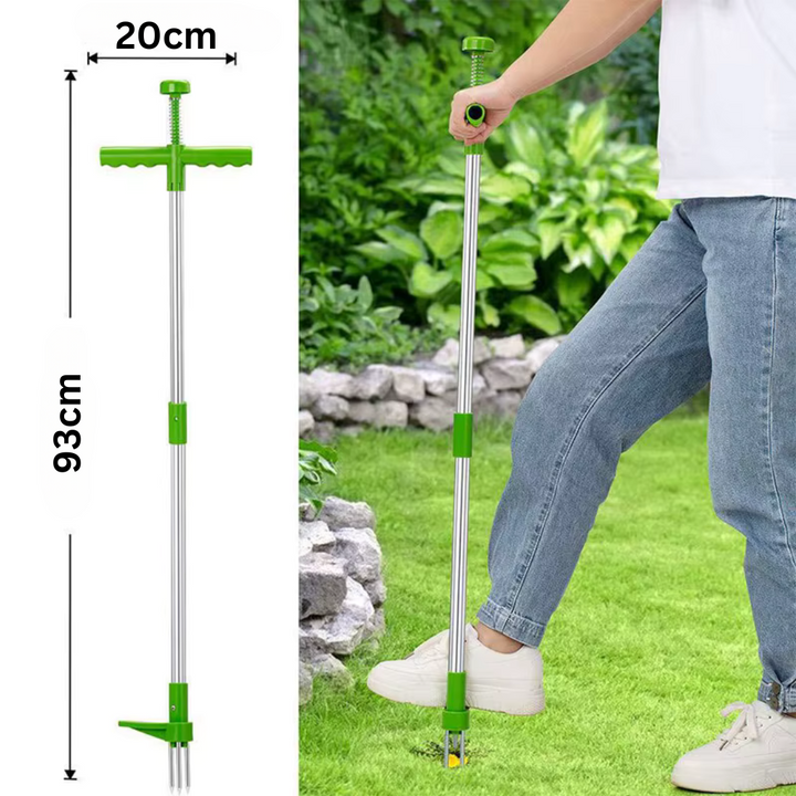 "EcoTurf onkruidverwijderaar, aluminium, lange handgreep, ergonomisch ontwerp, voor moeiteloos tuinieren zonder bukken."