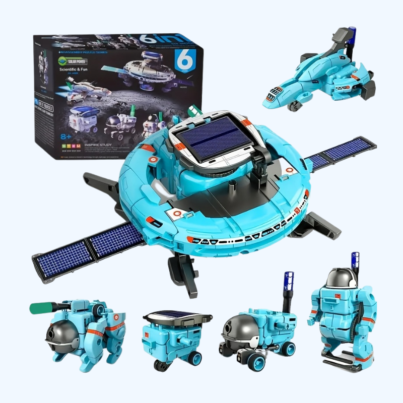 "Educatieve Solar Robot 6-in-1 bouwset voor kinderen, blauw en milieuvriendelijk, werkt op zonne-energie, 6 modellen."