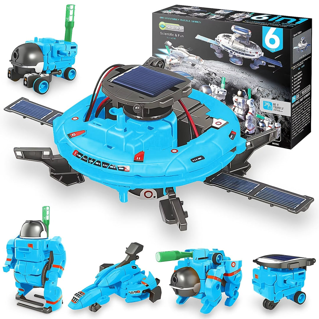 "Educatieve Solar Robot 6-in-1 bouwset voor kinderen, blauw en milieuvriendelijk, werkt op zonne-energie, 6 modellen."