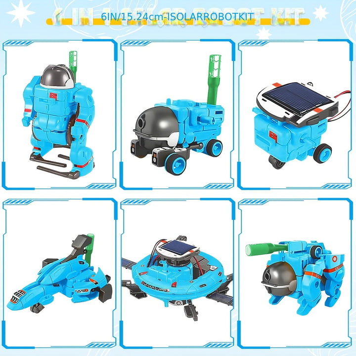 "Educatieve Solar Robot 6-in-1 bouwset voor kinderen, blauw en milieuvriendelijk, werkt op zonne-energie, 6 modellen."