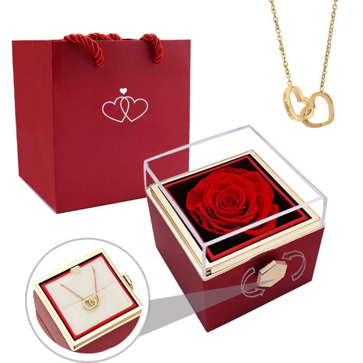 Eeuwige Roos Box met geconserveerde roos en gepersonaliseerde ketting, symbool van eeuwige liefde.