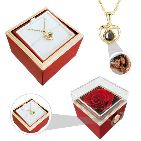 Eeuwige rozen doos met gouden hartprojectieketting, betoverend en elegant sieraad voor betekenisvolle herinneringen.