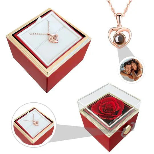 Eeuwige rozen doos met zilveren hartprojectieketting, betoverend en elegant sieraad voor betekenisvolle herinneringen.