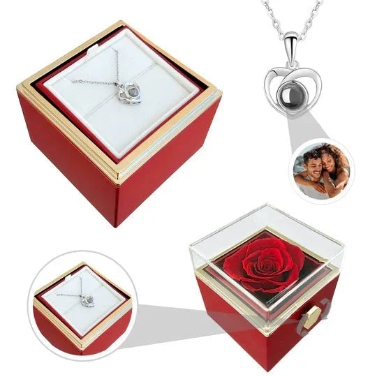 Eeuwige rozen doos met rosé gouden hartprojectieketting, betoverend en elegant sieraad voor betekenisvolle herinneringen.