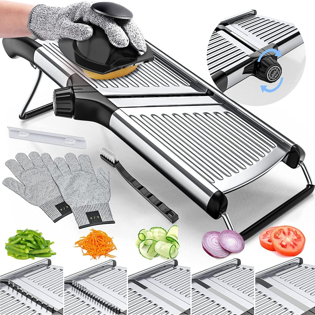"Efficiënte mandoline foodsnijder met instelbare dikte en veiligheidshandschoenen, ideaal voor veilig groenten en fruit snijd