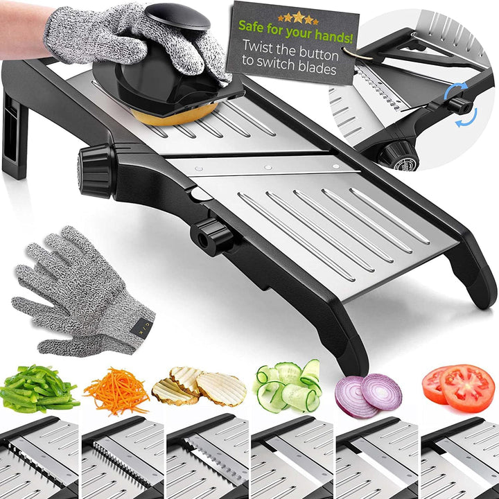 "Efficiënte mandoline foodsnijder met instelbare dikte en veiligheidshandschoenen, ideaal voor veilig groenten en fruit snijd