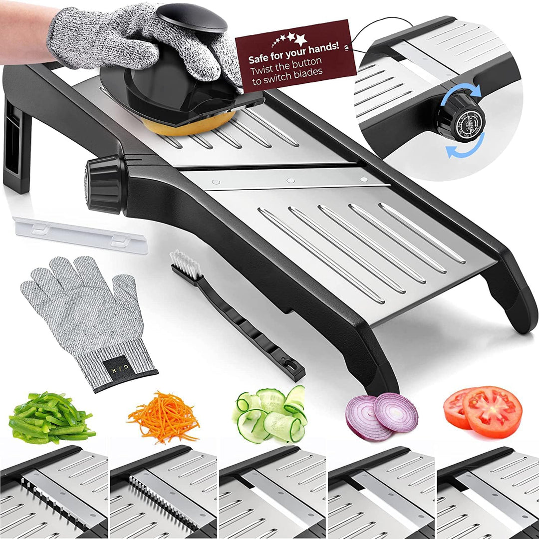 "Efficiënte mandoline foodsnijder met instelbare dikte en veiligheidshandschoenen, ideaal voor veilig groenten en fruit snijd