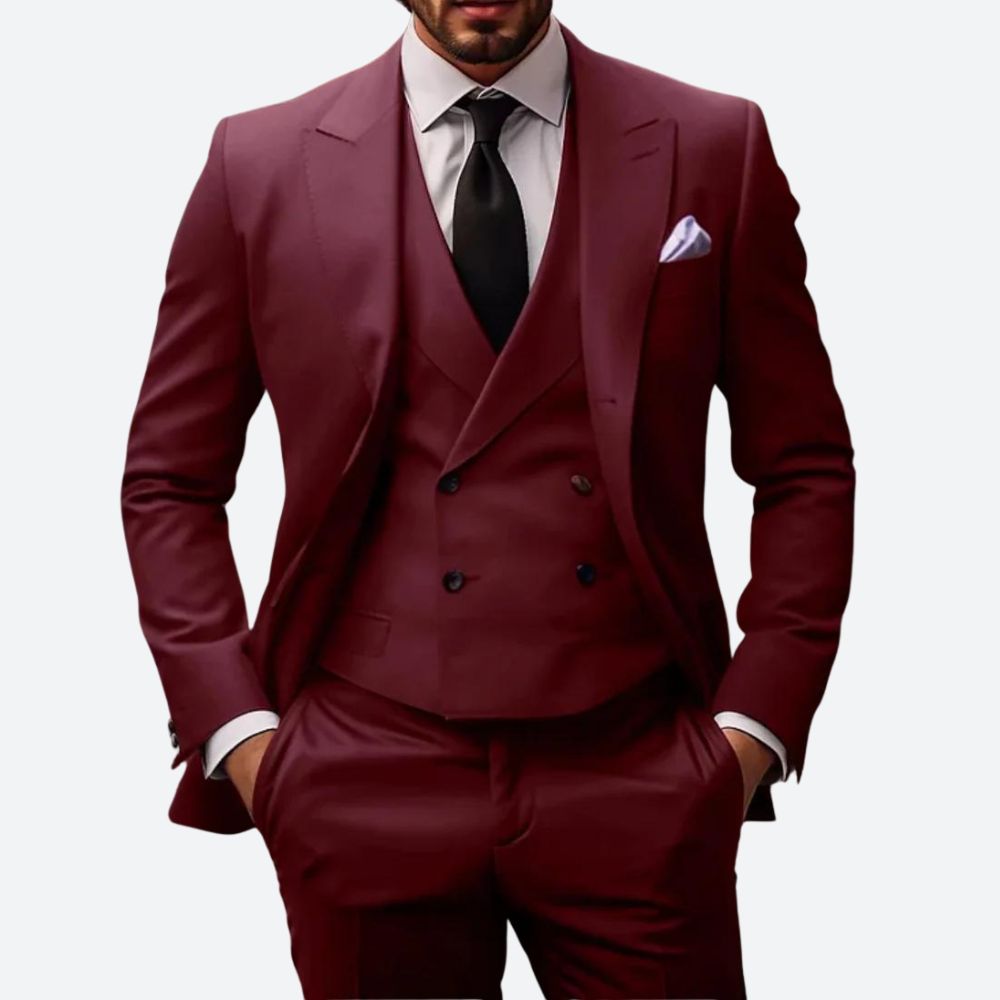 "Elegant 3-delig herenpak, modern fit, met colbert, broek en vest. Perfect voor zakelijke of speciale gelegenheden."