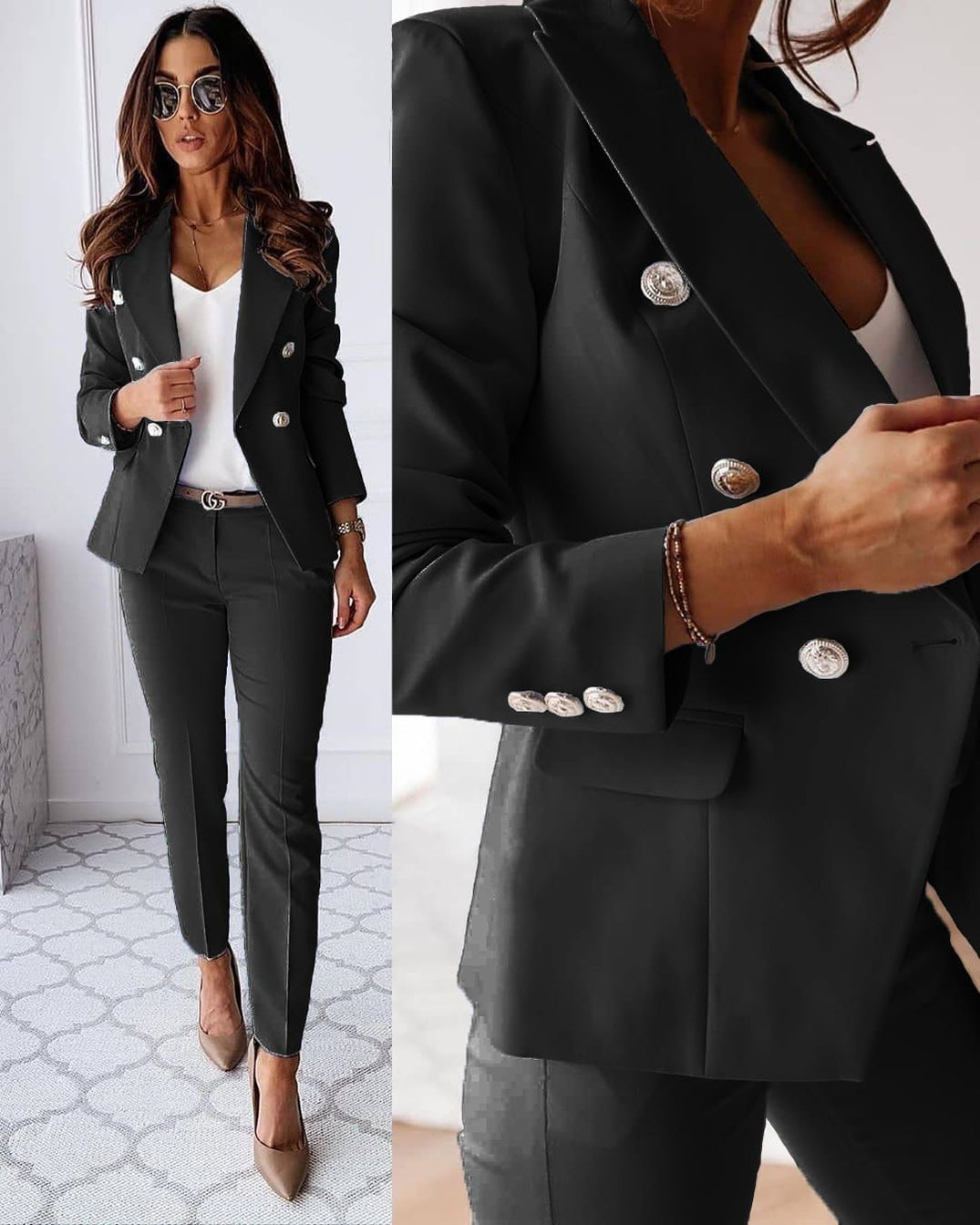 Elegant dames blazerset met rechte pantalon, perfect voor zakelijk of feestelijk; een complete, tijdloze outfit.