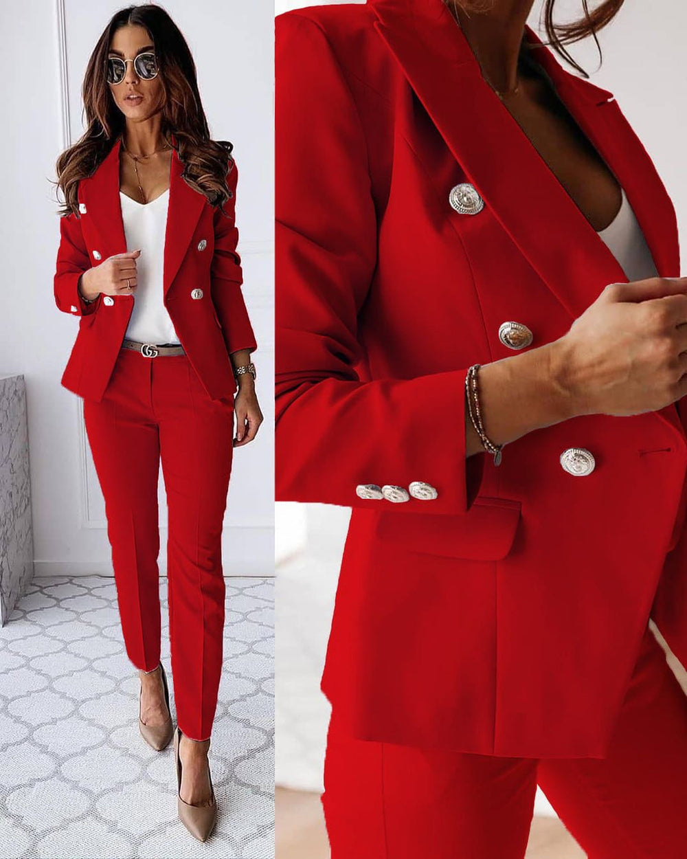 Modern damespak met getailleerde blazer en rechte pantalon. Ideaal voor zakelijk, casual of feestelijke gelegenheden.