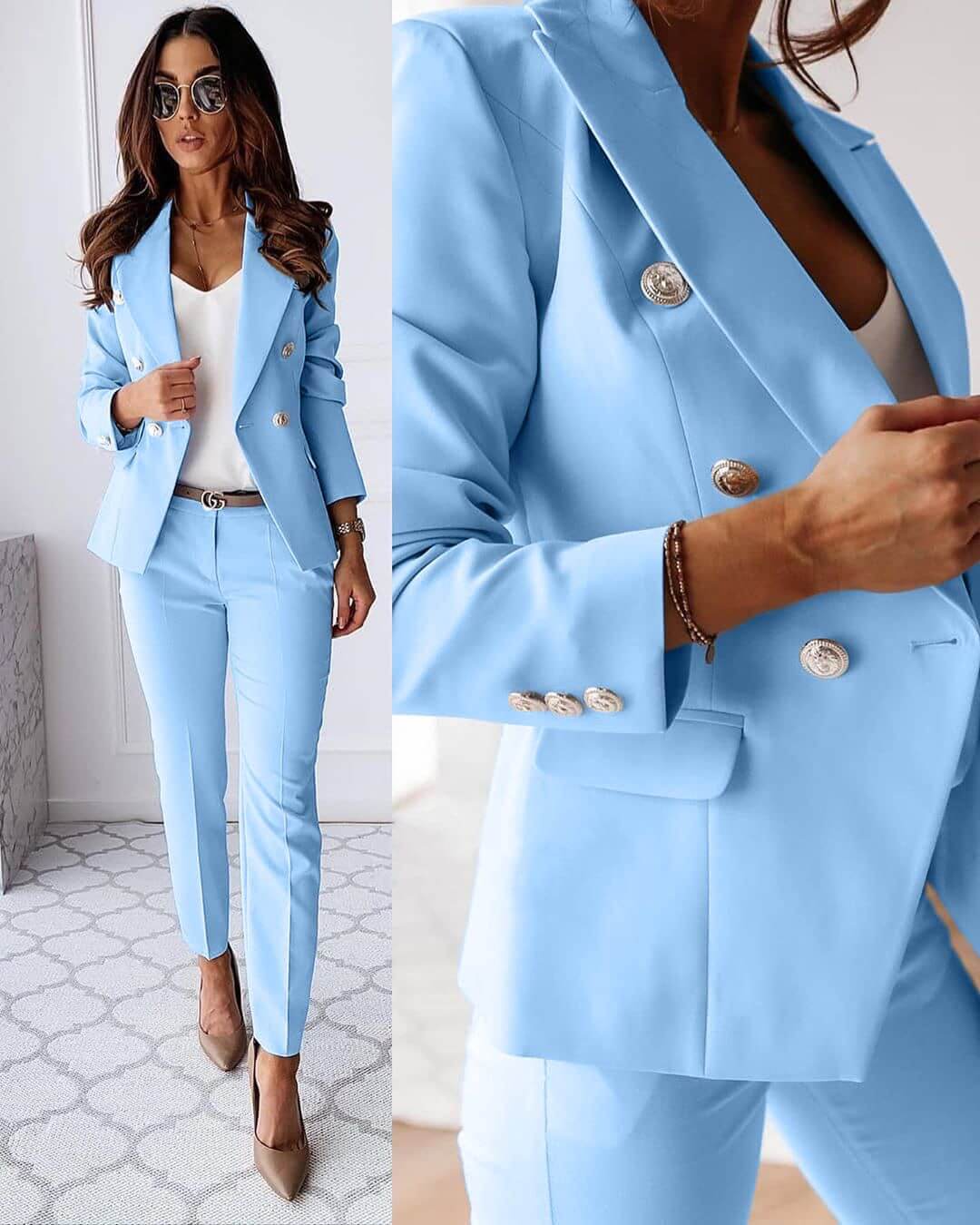 Complete damespak outfit: elegante blazer en rechte pantalon. Geschikt voor zakelijke bijeenkomsten en feesten.